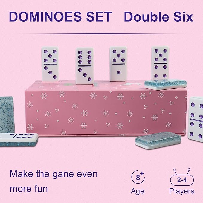 Dominoes Set for Adults, Double 6 Dominos Game Set with 28 Domino Tiles Double with Upscale Gift Boxes -7 Polyhedral Dice -Classic Board Games (Light Blue)