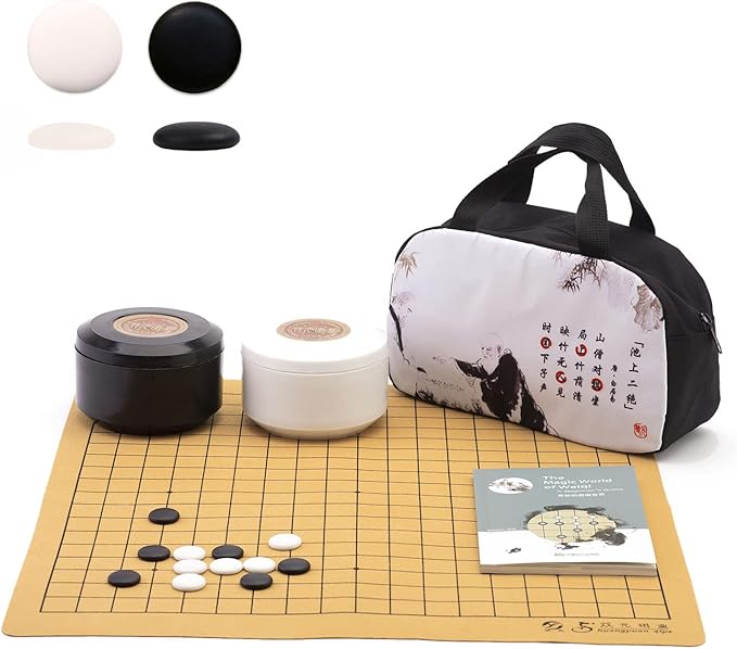 Portable Go Game Set Reversible 19x19 / 13x13 Faux Leather Foldable Game Board with Single Convex Ceramic Stone 361pcs and Plastic Go Bowls, 2 Players Board Game