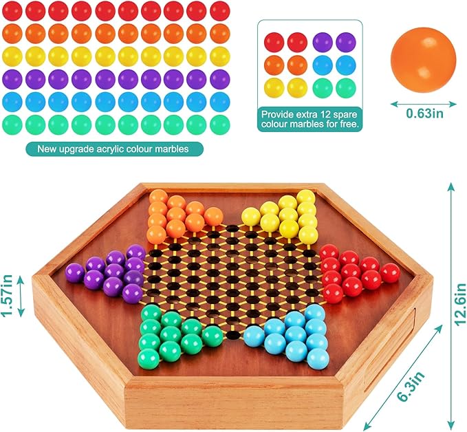 HOLYKING 12.6 Inchs Wooden Chinese Checkers with Drawer-Traditional Board Game with Set of 16mm 60+12 Colorful Acrylic Marbles, Classic Strategy Family Game for up to 6 Players