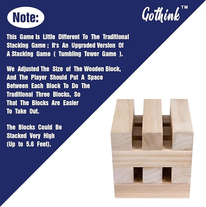 GOTHINK Giant Tumbling Tower Game, Super Large 51pcs Wooden Blocks Stacking Game, Stacking to Over 6 Feet, Jumbo Timber Blocks with Carry Bag, Jumbo Outdoor Indoor Game Toy Gift for Kids and Adults