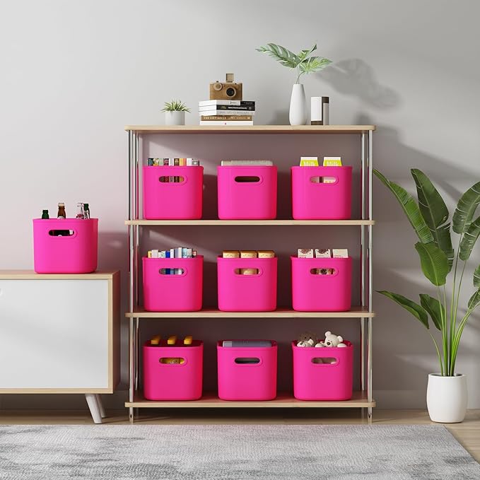 8 Pack Pink Storage Bins with Lids Stackable Storage Container for Organizing, Storage Boxes with Handle for Shelves, Cute Storage Bin for Craft, Snacks, 9.85x6.9x5.7 inch