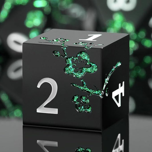 Glitter Green DND Metal Dice, DNDND 7 PCS Flower Metallic DND Dice Set with Gorgeous Gift Case for Dungeons and Dragon Tabletop Game (Matte Black with Glitter Green Flower)