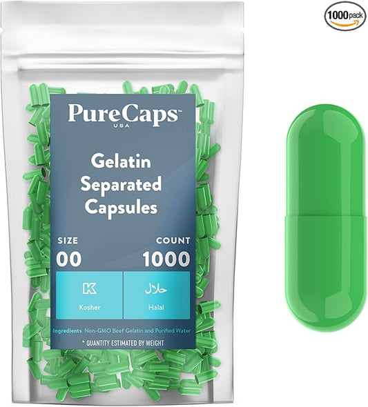 PureCaps USA - Empty Gelatin Capsules Size 00| 1,000 Separated Pills| Apple Green| Non-GMO Certified | SLS, Gluten, Preservative Free