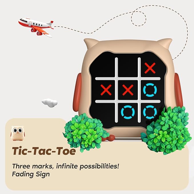 INKLAB Tic Tac Toe Game, Animal-Themed 3-in-1 Handheld Puzzle Game Console, Board Games for Kids, Portable Travel Games, Birthday Gifts for Ages 3+ (Owl)