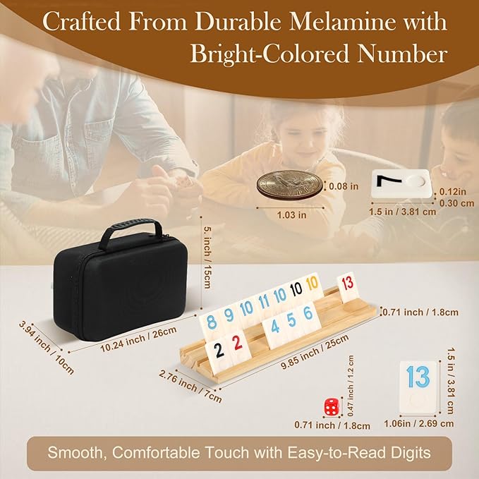 Upgraded 6 Players Rummy Game with 6 Wooden Racks, 160 Melamine Tiles, Drawstring Bag, Premium Portable Case, Tile Board Games for Adults, Birthday Gifts for Women Men Dad Mom Husband Wife