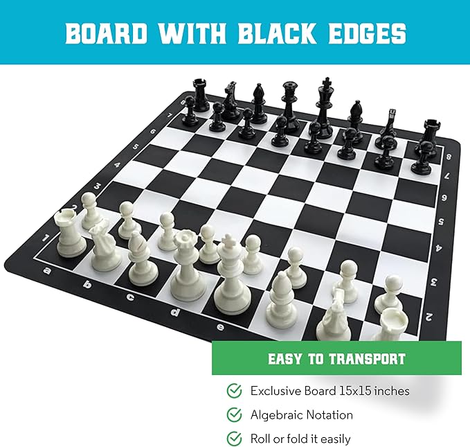 15 Inch Silicone Chess Board with Black Borders - Foldable, Spill-Proof, Stain-Resistant, Roll-Up Travel Chess Board for Adults and Kids - Portable, Durable, Easy to Clean, for Home, School or Travel