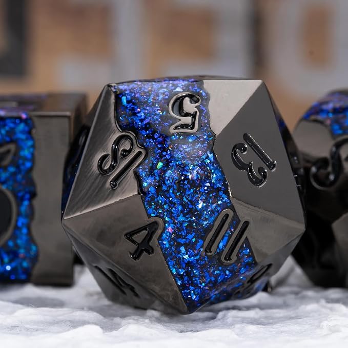 D&D Dice Set Metal,Large Striped Glitter Dice Set.RPG Polyhedral Dice 7pcs Set(Antique Nickel Dark Blue)