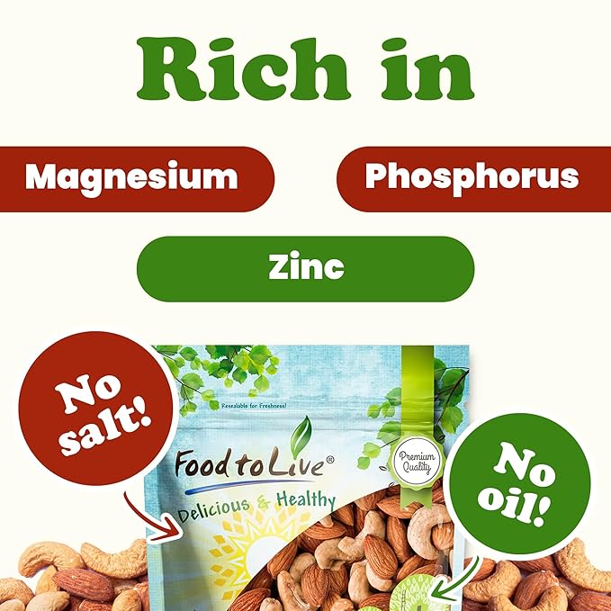 Food to Live - Dry Roasted Almonds and Cashews Mix, 8 Pounds – Unsalted Oven Roasted Nuts, Protein Rich Trail Mix, Healthy Vegan Snack, No Oil Added