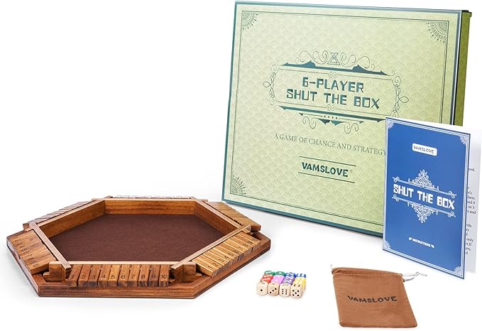 Vamslove Shut The Box Dice Game Wooden Board (L15 x W13) for 1 2 3 4 5 6 Player, 6 Sided 10 Numbers Math Games with 16 Dices for Kids Adults(Instructions Included)