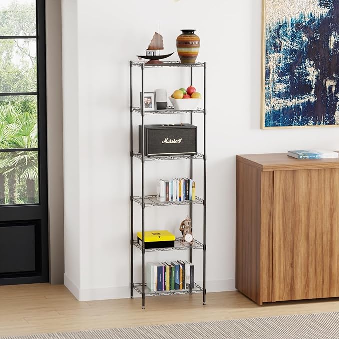 6 Tiers Wire Shelving 12" Dx17 Wx64 H Metal Frame Storage Shelves Easy Setup NSF Certified Storage Shelf Rack Shelf with Leveling Feet for Home Garage Kitchen Pantry, Black