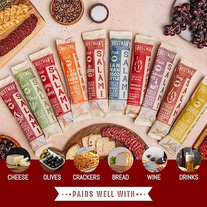 Foustman's Salami Pork and Beef Pepperoni, Nitrate-Free, Naturally Cured, Gluten-Free, Dairy-Free, Pack of 3, 8 Oz Each