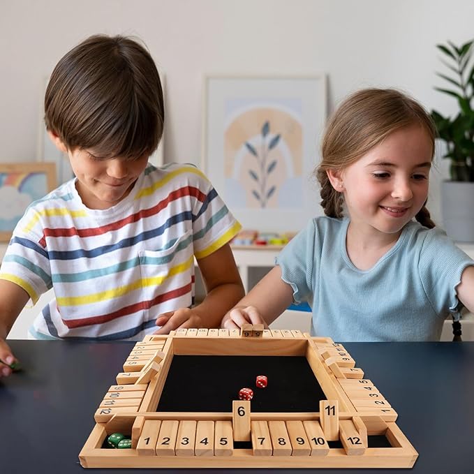 GSE Games & Sports Expert 1-4 Player Wooden Shut The Box Board Game with 8 Dice. 4-Way 12 Numbers Shut The Box Dice Set of Popular English Pub Board Game - Natural Wood