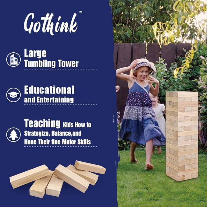 GOTHINK Giant Tumble Tower Game, Large Tumbling Tower Stacking to Over 4 FT 54pcs Wooden Jumbo Blocks for Outside Yard Games with Carry Case Timber Stacking Game Night Toy Gift for Kids Adults Family