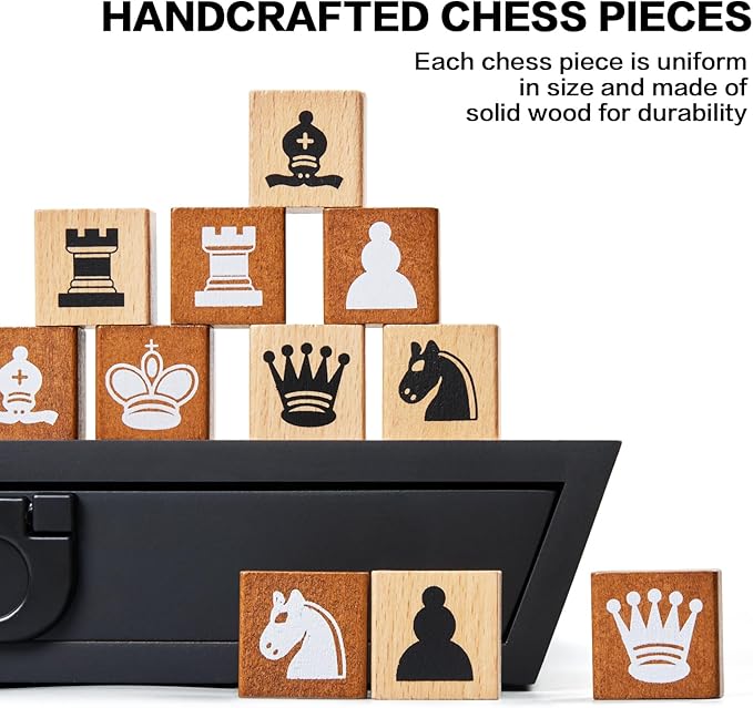 Unique Wooden Chess Set for Kids Adults, 12.5 Inch Chess Board Game with 2 Built-in Storage Drawers, Handmade Chess Pieces, 2 Extra Queens-Chess Table for Beginner/Home Decor