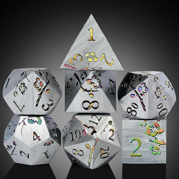 DNDND Rainbow Flower Metal Dice Set, 7 PCS Metallic Flowers DND Dice with Gorgeous Gift Case for D&D Dungeons and Dragon Tabletop Game (Rainbow Flowers)