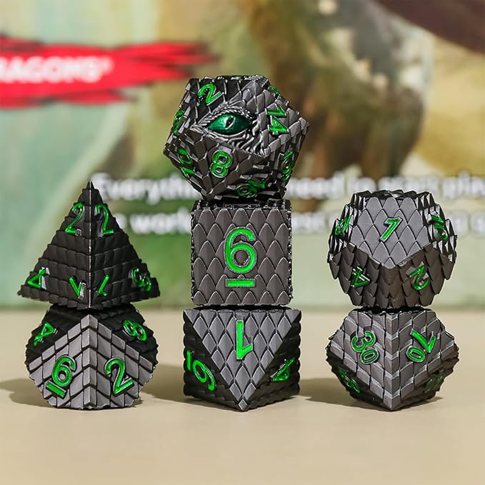 Metal Dice Set D&D,7 PCS Dragon Scale Metallic DND Dice Set,Dragon Eye Metal Dice with Grogeous Gift Case for Dungeons and Dragon Tabletop Game (Black Dragon Scale & Green Eye)