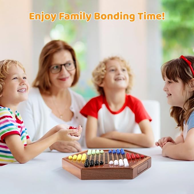 Chinese Checkers Board Game, 100% Natural Quality Wood 12-Inch Chinese Checker Board Game with 72 Marbles & Storage Drawer, Strategic Board Game Kit Birthday Gift