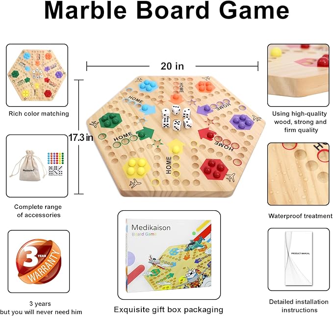 Large Size Original Marble Game Solid Wood 20 inch Wahoo Board Game Double Sided Painted Wooden Fast Track for 6 and 4 Players 6 Colors 24 Marbles 6 Dice for Family Friend