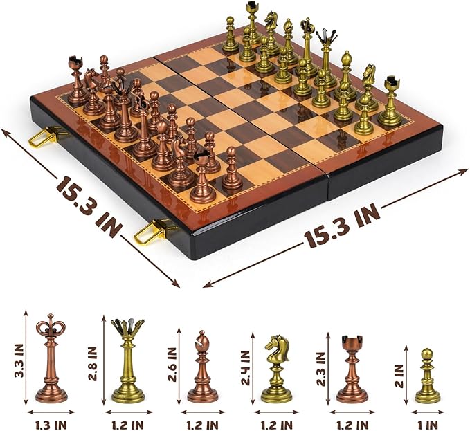 Vintage Metal Chess Set for Adults – 15" Wooden Chess Board with Metal Chess Pieces Travel Chess Set with Retro Chessmen – Collectible Elegant Chess Game – Family Vintage Board Game for Kids