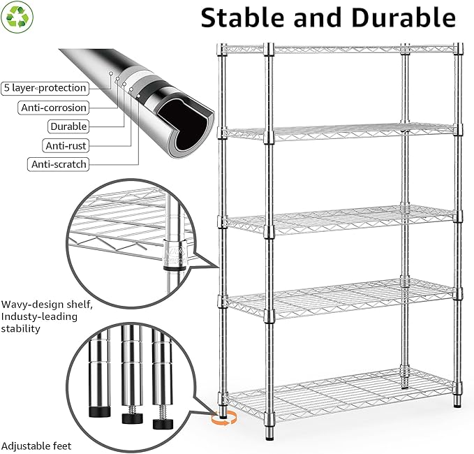 1250 lbs Steel Heavy Duty 5-Tier Utility Shelving Unit Steel Organizer Wire Rack for Home,Kitchen,Office,Chrome (13.7" D x 23.6" W x 62.4" H)