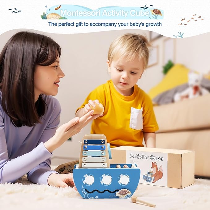 let's make Wooden Activity Cube 8-in-1 Montessori Toys Includes Object Permanent Box Early Learning Activity Cube Montessori Sensory Toys for Toddler Baby First Birthday Gifts