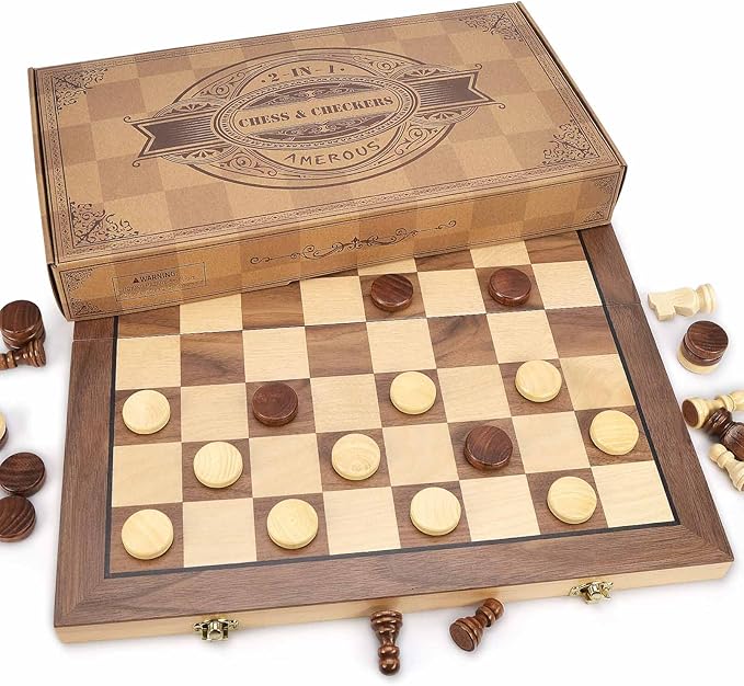 AMEROUS 15'' Magnetic Wooden Chess & Checkers Game Set -2 Extra Queens -24 Cherkers Pieces - Chessmen Storage Slots, Beginner Chess Set for Kids and Adults, Classic 2 in 1 Board Games