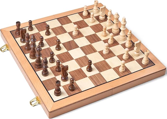 AMEROUS Magnetic Wooden Chess Set, 15 Inches Handmade Wooden Folding Travel Chess Board Game Sets with Chessmen Storage Slots for Kids and Adults, 2 Bonus Extra Queens, Gift Box Packed