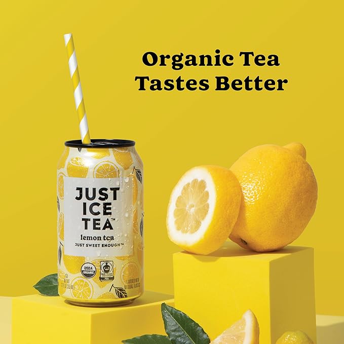 Just Ice Tea, Lemon Flavored Black Iced Tea, 12-Pack (12oz Cans), USDA Certified Organic, Real Brewed, Low Calorie, No Artificial Sweeteners, Fair Trade, Made in USA.