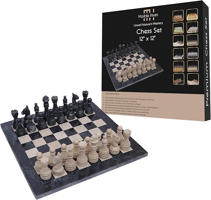 Handmade Marble Chess Set - Black & Verona (12 x 12 Inches) - Chess Sets for Adults - Premium Quality Chess Boards - Fancy Chess Boards