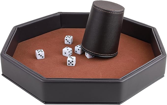 Dice Rolling Tray, Felt Lined PU Leather Octagon Dice Tray for Dungeon Crawler Games, Coffee