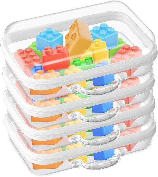 Zippered Hard Pouch, Clear Hard Shell Zipper Case, Clear Plastic Pouches Travel Bags for Kids, Storage for Building Blocks, Puzzles, Cosmetics, Stationery Accessories, Small - 4Pack