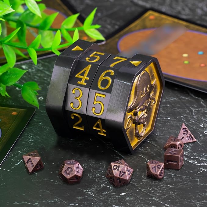 MTG Life Counter Wheel Metal Life Counter MTG Tracker, Mini Dice Set, Gift Box Packaging for Cards, MTGs Compatible Board Games, DND Game Accessories (Black Nickel_Gold)