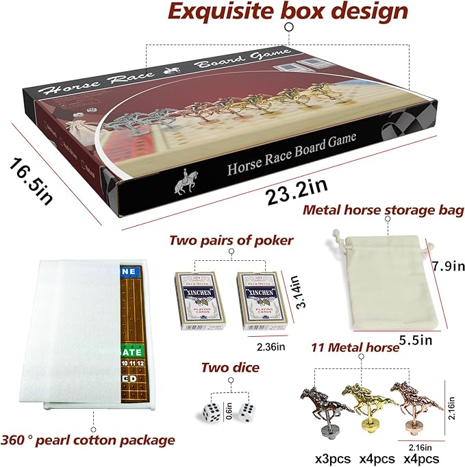 Large 21 inch Finish LINE Horse Racing Board Game is Equipped with 11 Luxury Metalcraft Horses Adult Chessboard Including 2 Dice and 2 Boxes of Cards (Flaming Color)