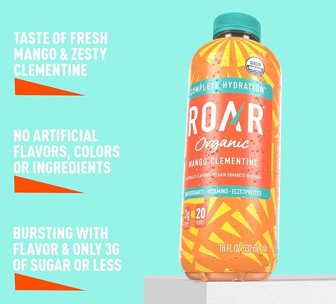 Roar Organic Electrolyte Infusions - USDA Organic - Mango Clementine - with Antioxidants, B Vitamins, Low-Calorie, Low-Sugar, Low-Carb, Coconut Water Infused Beverage 18 Fl Oz (Pack of 12)