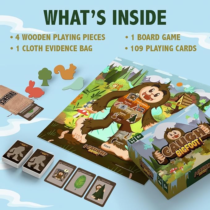 I Caught Bigfoot! - Collect Evidence to Catch The Elusive Bigfoot! Kids Game for Game Night, Family Games for Kids and Adults, Board Game for Family Night, 4 Wooden Pieces, 106 Playing Cards, Ages 6+