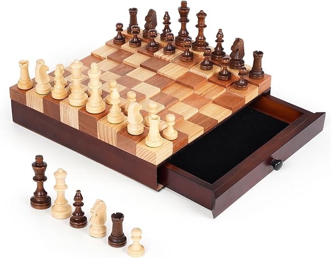 3D Wooden Chess Set with Storage Drawer – 12" Wooden Chess Board & Pieces, Travel Chess Set with Wooden Pieces, Classic Strategy Board Game for Adults Family for Beginners & Pros