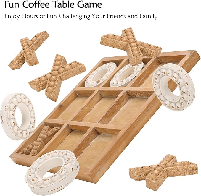 NIKKY HOME Tic Tac Toe Game Coffee Table Decor, 10.6 Inch Rustic Wooden Board, Wood & White