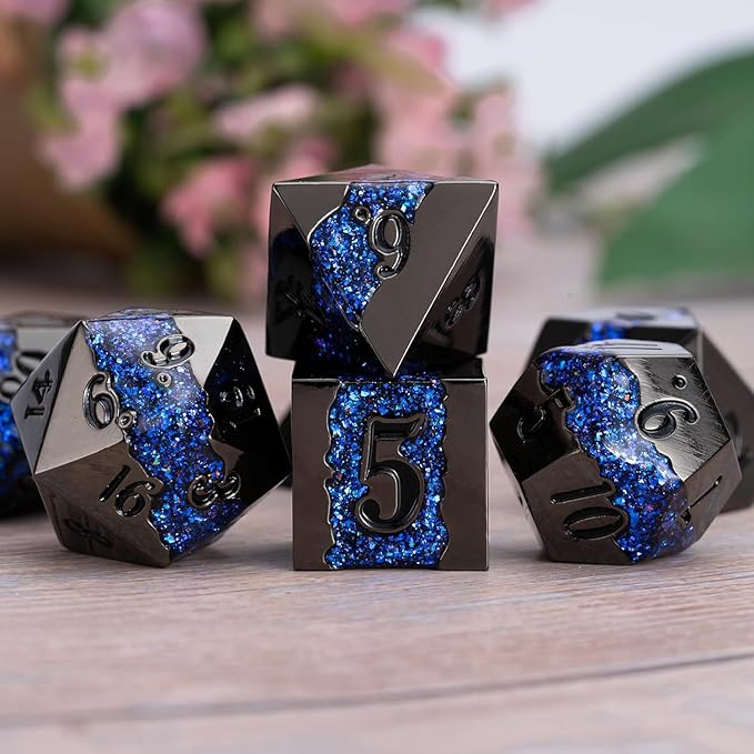 D&D Dice Set Metal,Large Striped Glitter Dice Set.RPG Polyhedral Dice 7pcs Set(Antique Nickel Dark Blue)