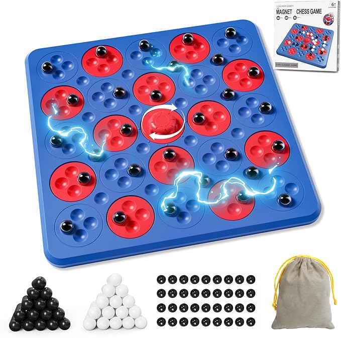 Magnet Game, Magnetic Game Chess, Board Games for Kids 6-8-12, 2 in 1 Multiplayer Family Board Games, Magnet Chess Games with 36 Magnetic Pieces, Connect 5 Piece with 120 Plastic Pieces (Blue)