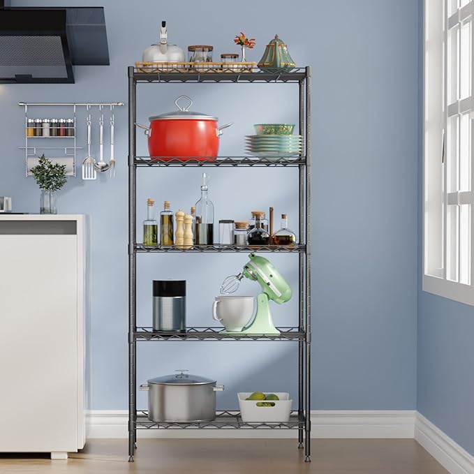 5-Tier Shelves Height Adjustable Storage Shelves Shelving Unit 11”Dx21”Wx48”H Wire Shelving NSF Certified Storage Shelf with Leveling Feet for Home Kitchen Garage, Black