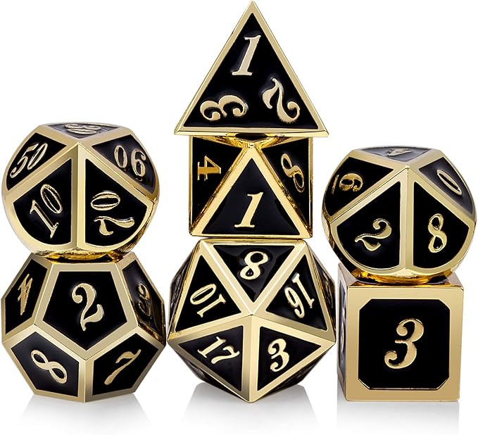 DNDND Metal Dice Set D&D, 7 die Metallic Polyhedral Dice Set with Gift Metal Box and Gold Number for DND Dungeons and Dragons Role Playing Games (Black and Gold)