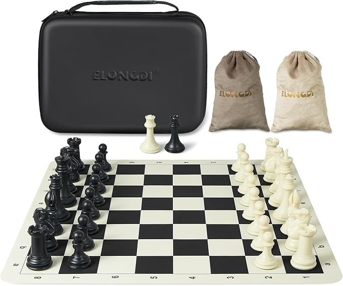 Tournament Chess Set with 20" Silicone Chess Board Mat - 4" King Plastic Weighted Staunton Pieces 2 Extra Queens - Portable EVA Carrying Case for Travel