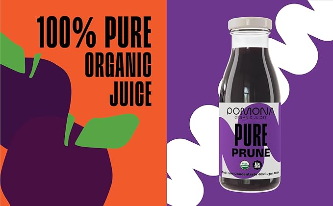 Pomona Organic Juices Pure Prune Juice, 8.4 Ounce Bottle (Pack of 12), Cold Pressed Organic Juice, Non-GMO, No Sugar Added, Not from Concentrate, Gluten Free, Kosher Certified, Preservative Free