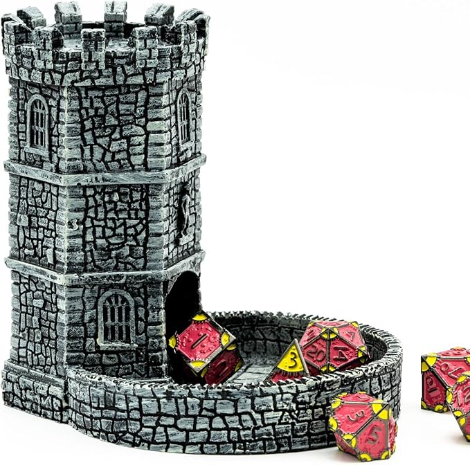 Castle Dice Tower with Tray, Wall Carving Dice Rolling Tray for Dungeons and Dragons | Easy Roller Perfect for Board Game, D&D and RPG, (Grey)