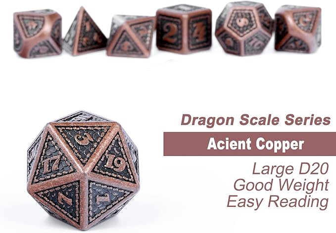 DNDND Metal Dice Set Dragon Scale 7 PCS Polyhedral Metallic Die with Gift Metal Case for DND Dungeons and Dragons D&D (Ancient Copper)