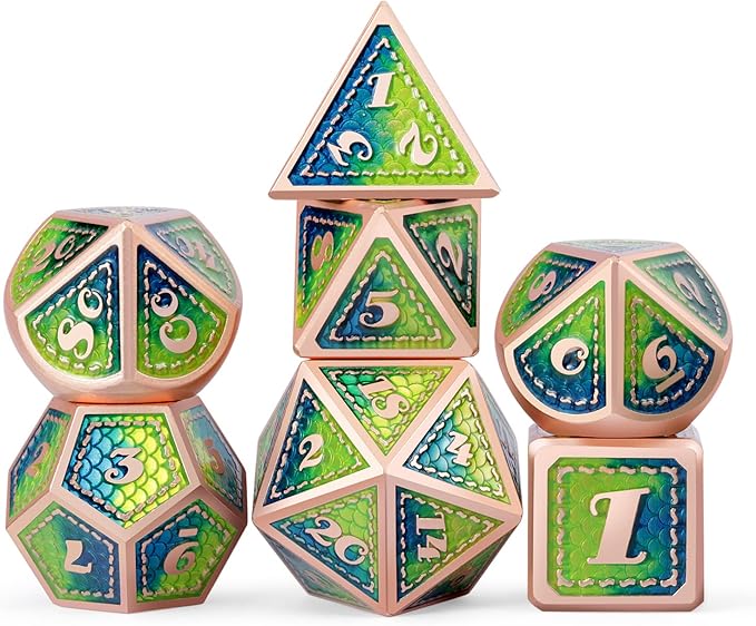 Metal DND Dice Set with Gift Metal Case DNDND 7 PCS Metallic Dungeons and Dragons Die for DND Game (Blue & Green with Matt Copper Edge)