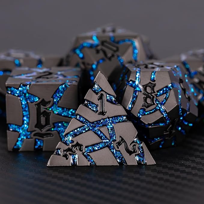 Metal Dice Set D&D,Crack Metallic DND Dice Set with Box, Metal Glitter RPG Dice for Dungeons and Dragons Table Game(Pearl Gun Bright Blue)