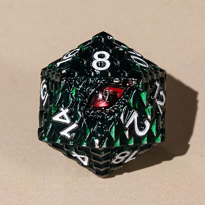 Metal Dice Set D&D,7 PCS Dragon Scale Metallic DND Dice Set,Dragon Eye Metal Dice with Grogeous Gift Case for Dungeons and Dragon Tabletop Game (Dark Green Dragon Scale & Red Eye)