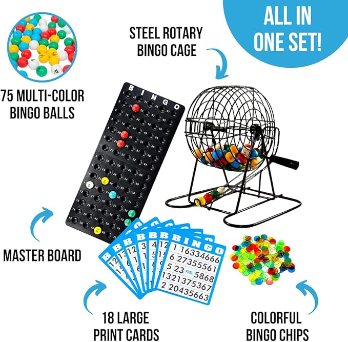 Regal Bingo Deluxe Bingo Game Set for Adults and Kids - Includes 6 Inch Bingo Wheel Cage, 75 Balls, Master Board, 18 Cards, and Colorful Chips - Fun Family Bingo Night
