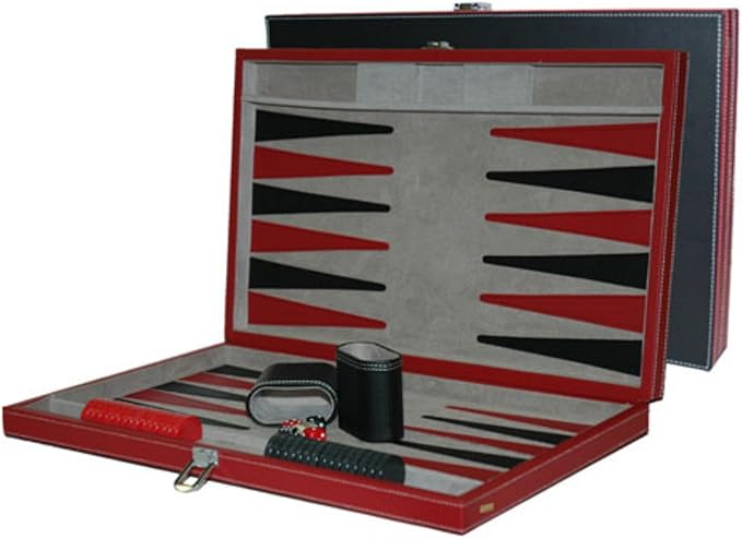 18" Faux Leather Backgammon Recreational Game Set, Black/Red